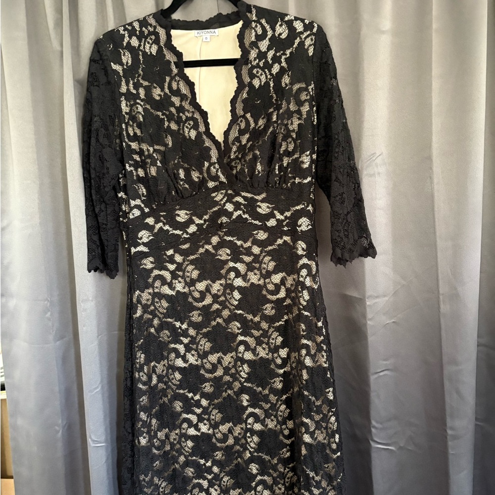 Kiyonna Black and Cream Lace Long Sleeve Dress